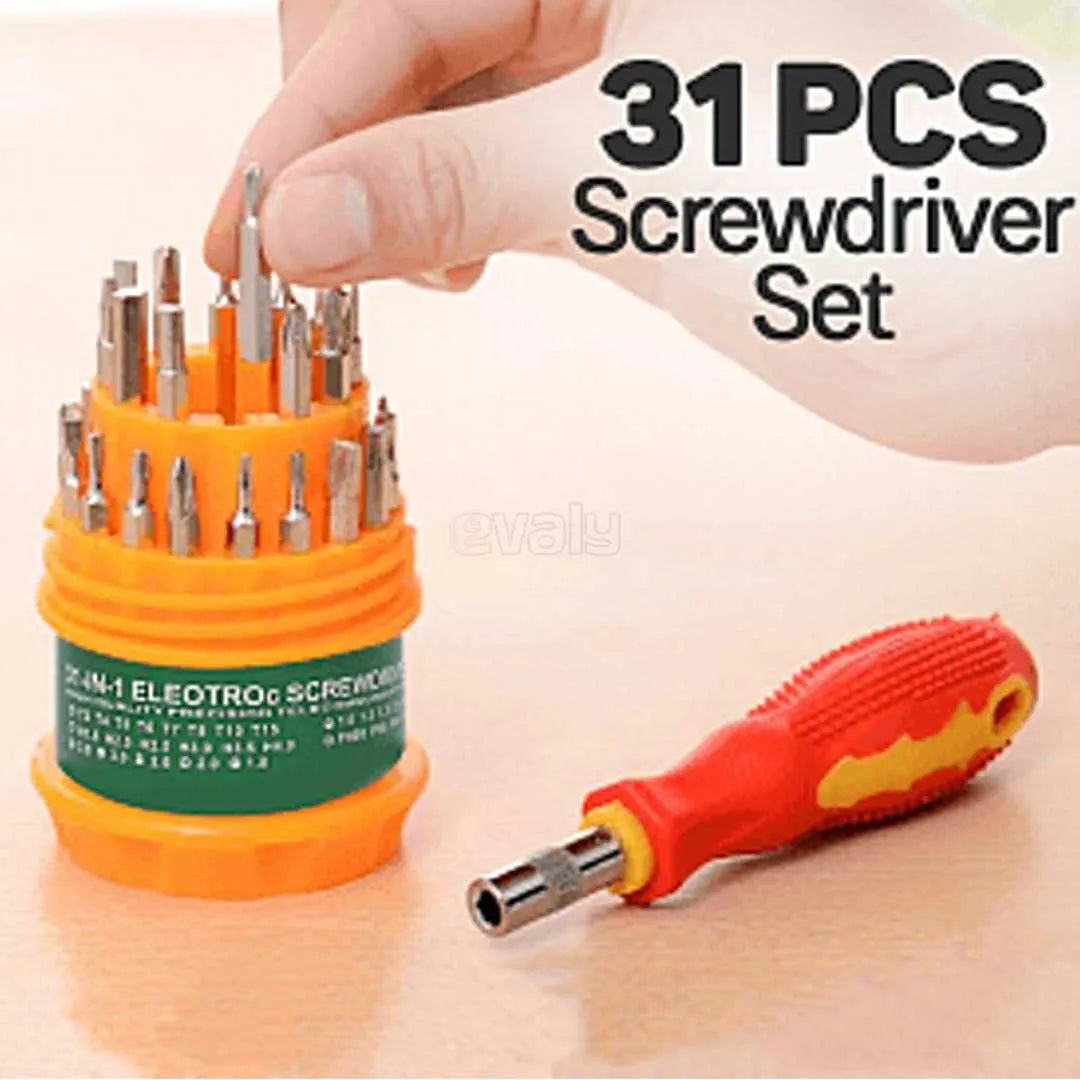Universal magnetic screwdriver bit kit with 31 interchangeable pieces for precision repair and maintenance tasks.