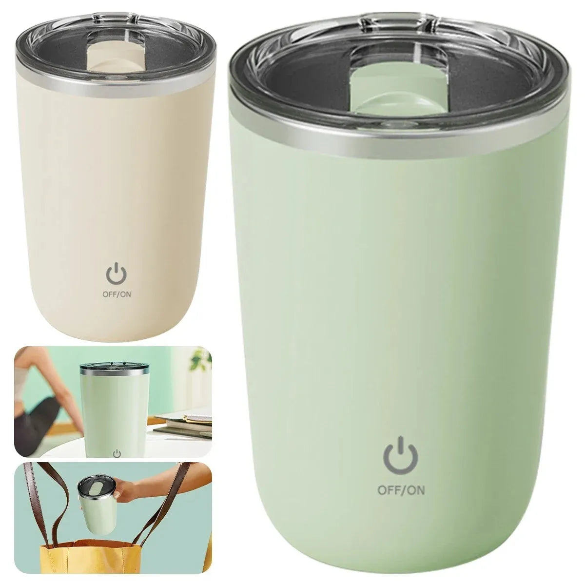 Two insulated tumblers, one beige and one green, with power symbol on a white background.