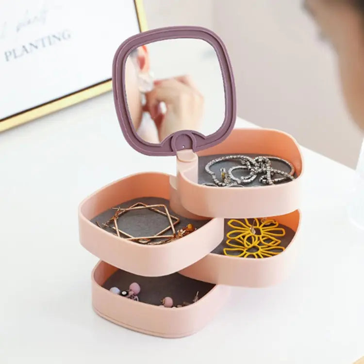 360-degree rotating jewellery organizer for neatly storing rings, earrings, necklaces, and accessories.