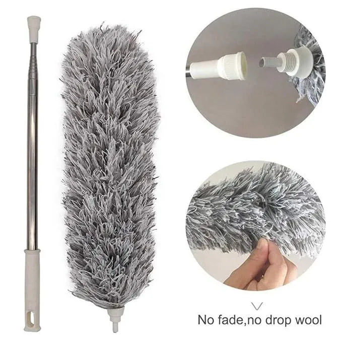 Gray feather duster with a telescopic handle, showing close-ups of the bristles and handle.