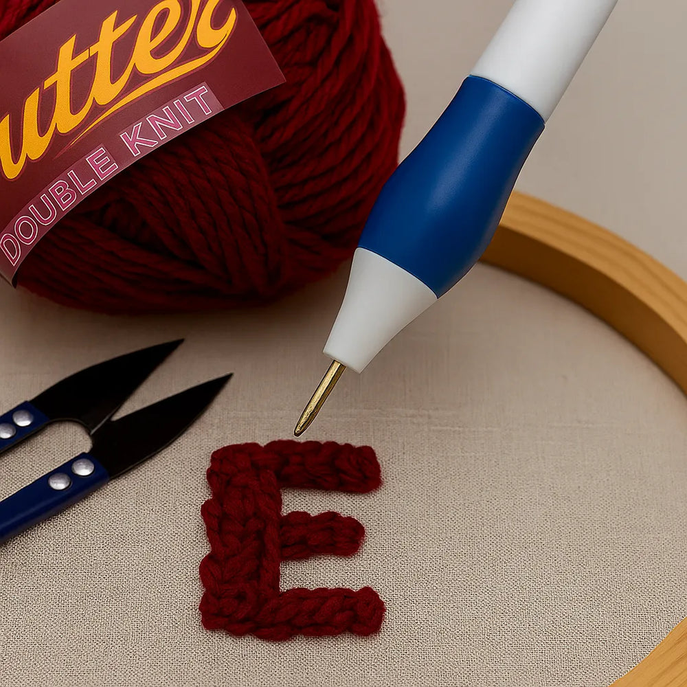 Red yarn ball with a crochet hook, scissors, and a partially completed letter 'E' on fabric.