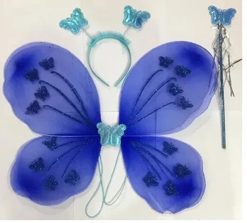 Blue butterfly costume set with wings, headband, and wand on a white background