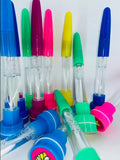 Colorful water bottles with various colored caps on a white background