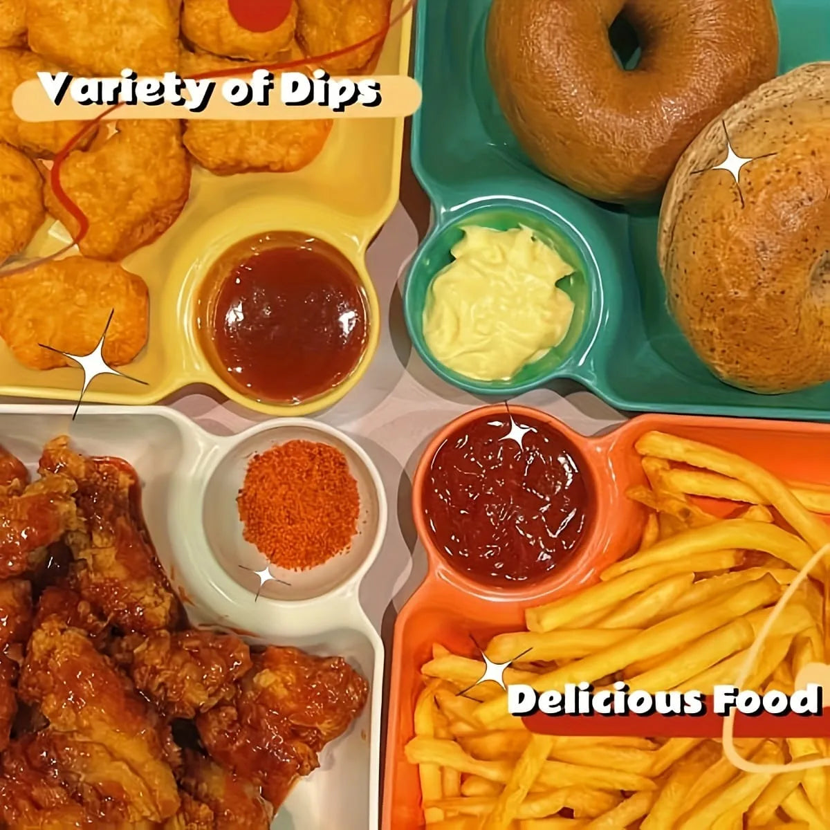Assorted food items including donuts, fries, and dips on a tray.