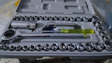 Set of tools including sockets and wrenches in a gray case.
