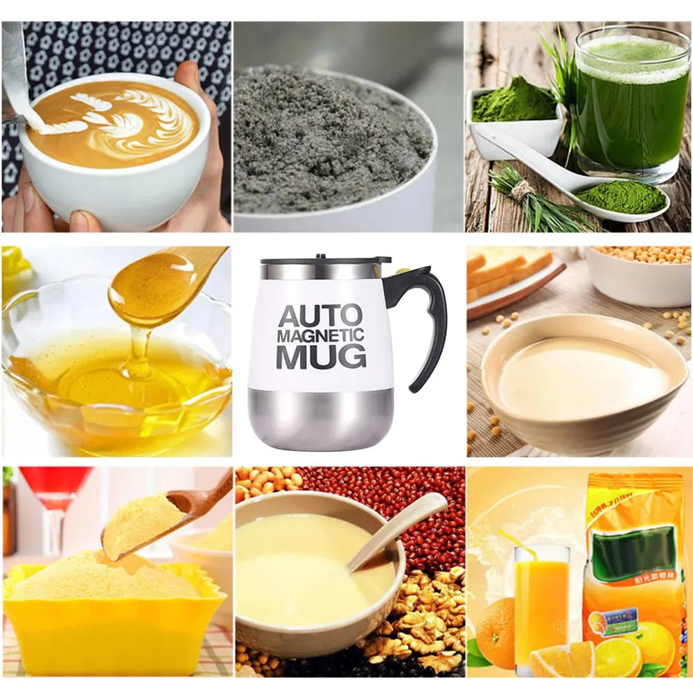 Collage of various food and drink items including coffee, green juice, and a mug.