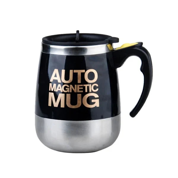 Stainless steel mug with black lid and handle, featuring 'Auto Magnetic Mug' text.