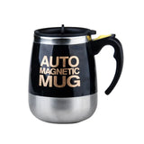 Stainless steel mug with black lid and handle, featuring 'Auto Magnetic Mug' text.