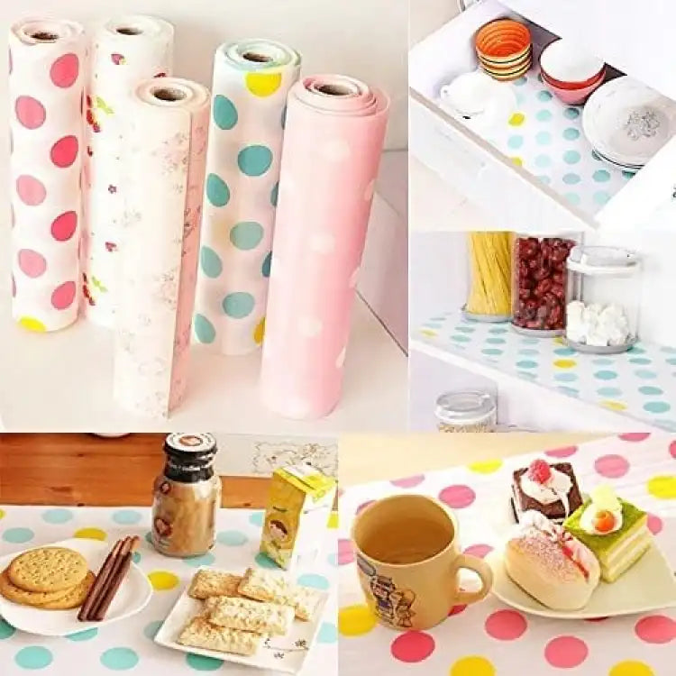 45x150cm polka dot foamic shelf liner designed to keep kitchen shelves clean and organized.