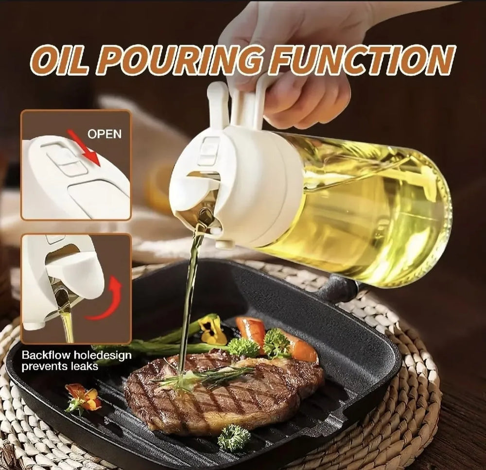 Oil pouring function demonstration with a person pouring oil onto a grill pan with food.