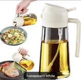 Transparent white oil dispenser being used on a salad and steak with visible oil flow.