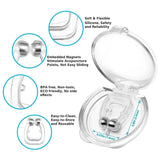 Silicone device with embedded magnets in a clear case, highlighting features like softness, flexibility, and safety.