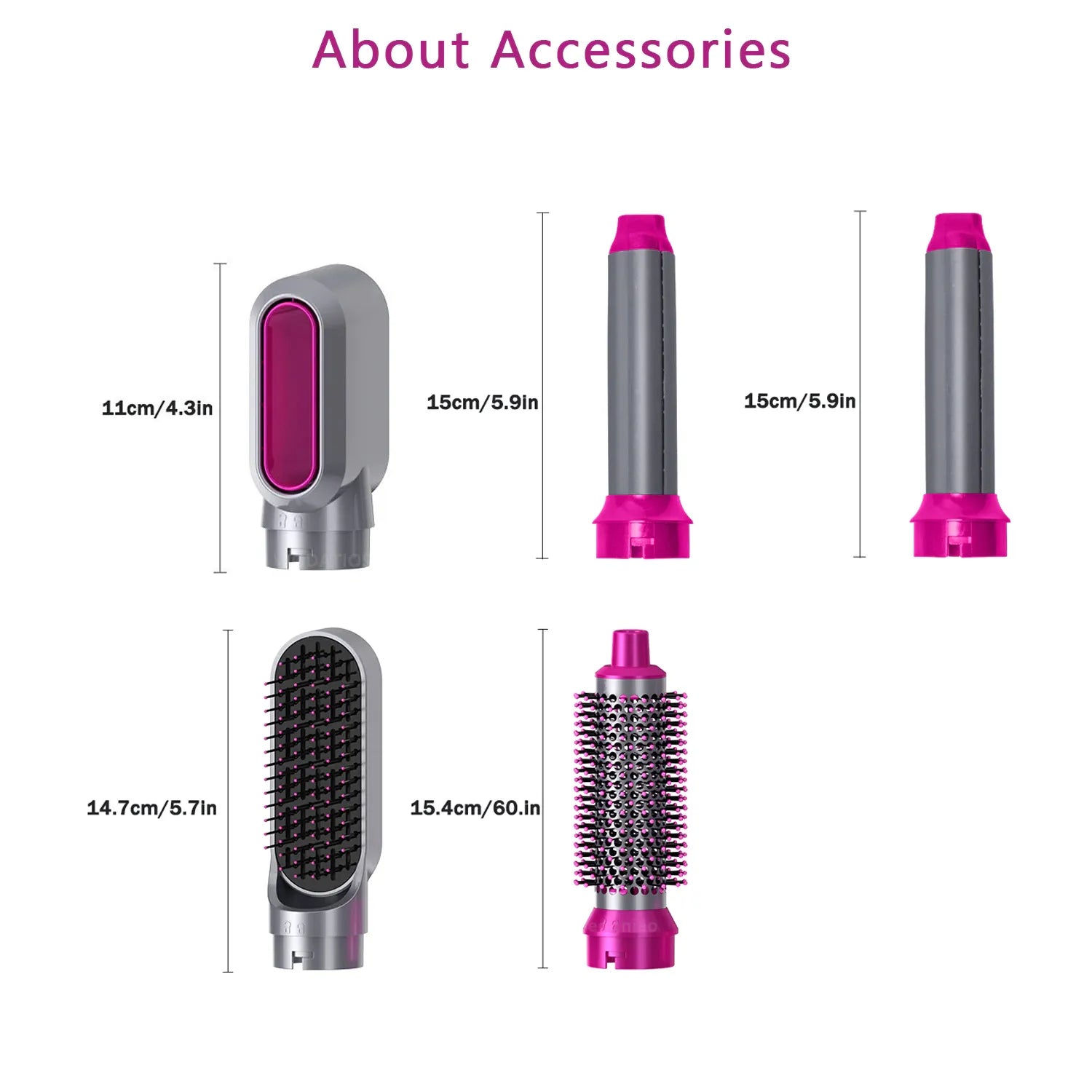 Hair styling tool accessories with measurements on a white background
