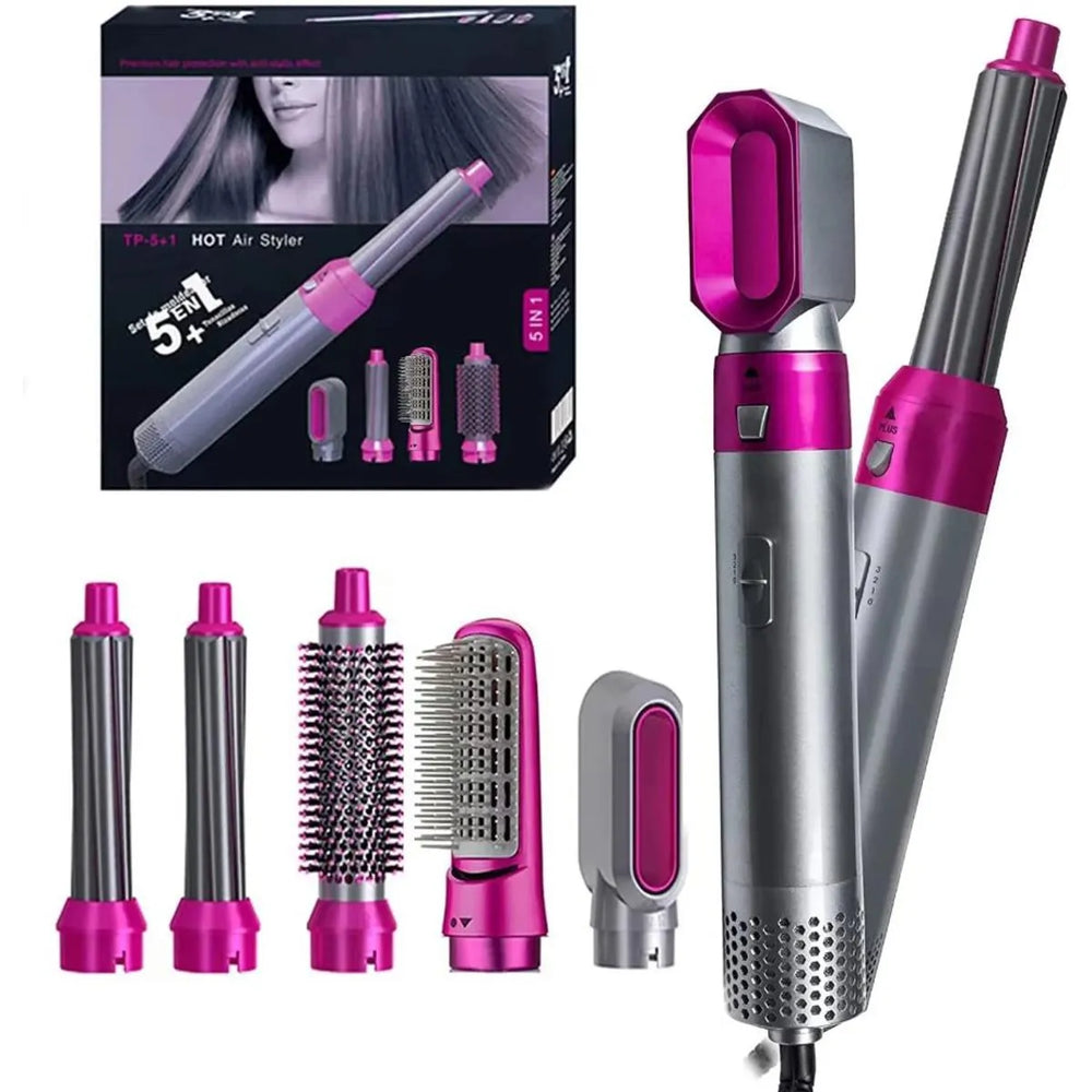 Hot air styling tool with attachments and packaging on a white background