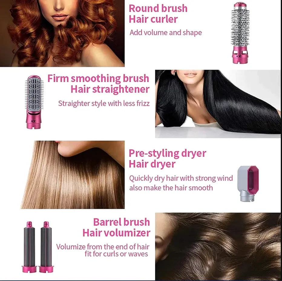 Hair styling tools with product names and images of styled hair.