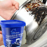Stainless steel cleaner being used on a rusty pot