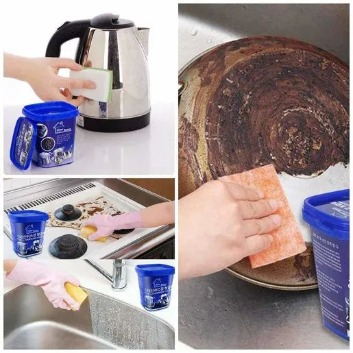 A collage showing a cleaning product in use: a hand scrubbing a stainless steel kettle, a hand cleaning a dirty pan in a sink, and a hand washing a sink. Blue plastic containers with cleaning powder are visible, along with an orange sponge.