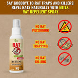 Mitex rat repellent spray bottle with text on a brown background