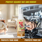 Spray bottle labeled 'Rat Repellent Spray' with text about protecting home and car from rats.
