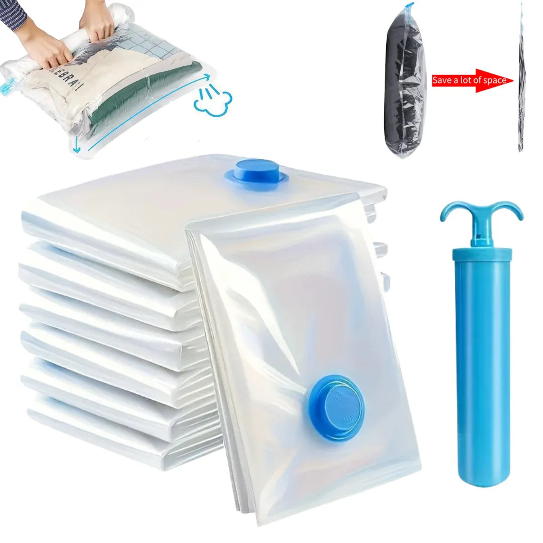 A stack of translucent plastic vacuum storage bags with blue valve caps, shown alongside a blue manual pump and a small inset demonstrating the bag being packed.