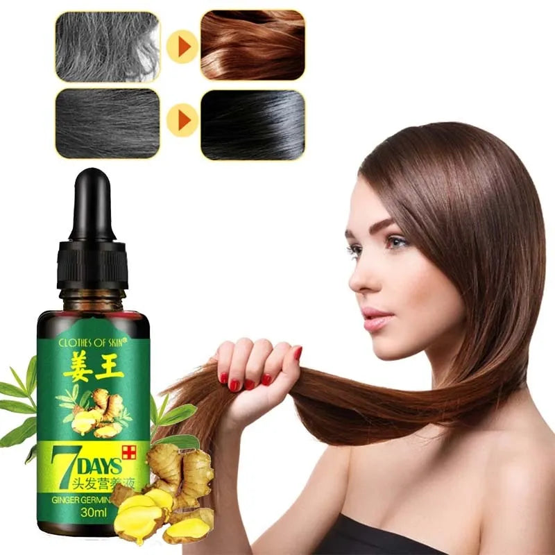 Hair oil bottle with a woman holding hair, showing color changes.