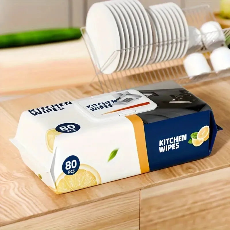 80-sheet multipurpose cleaning wipes suitable for kitchens, dining areas, and household surfaces.