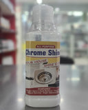 Bottle of chrome shine cleaner with a label on a reflective surface.