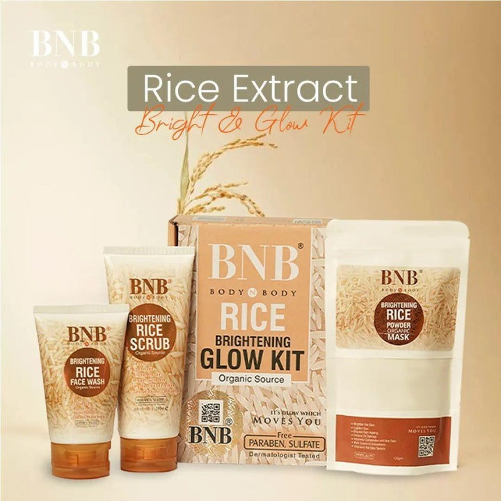 BNB Rice Extract Bright & Glow Kit with face wash, scrub, and mask