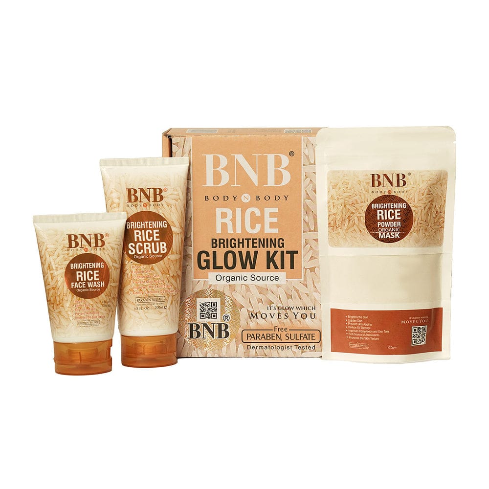 BNB Rice Brightening Glow Kit with face wash, scrub, and mask