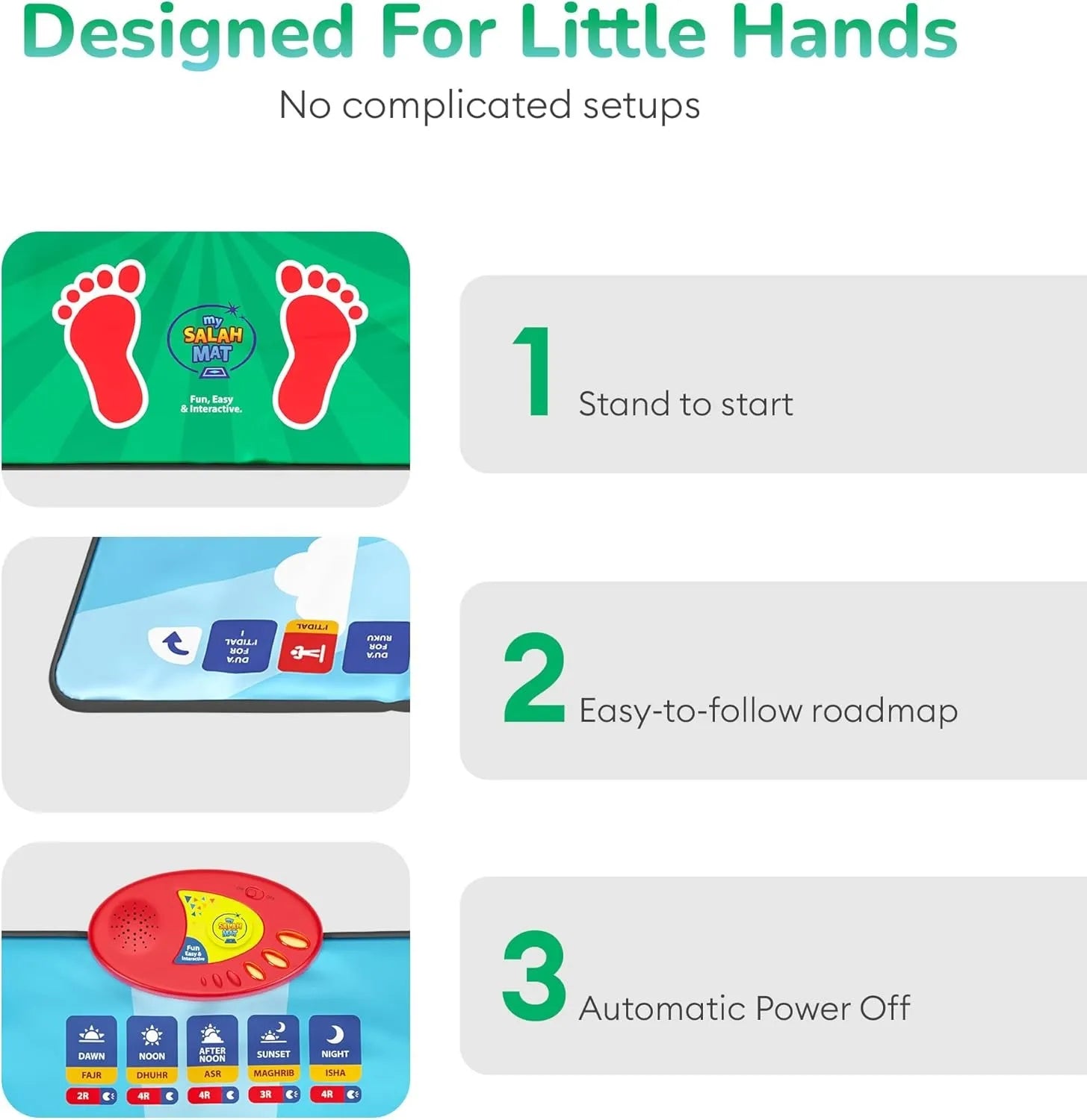 An infographic explaining the features of the Salan Mat toy, designed for little hands. It shows three numbered steps: standing on the green footpad with red footprint graphics, using the tablet app, and the automatic power-off feature with a red safety mat covering the tablet.