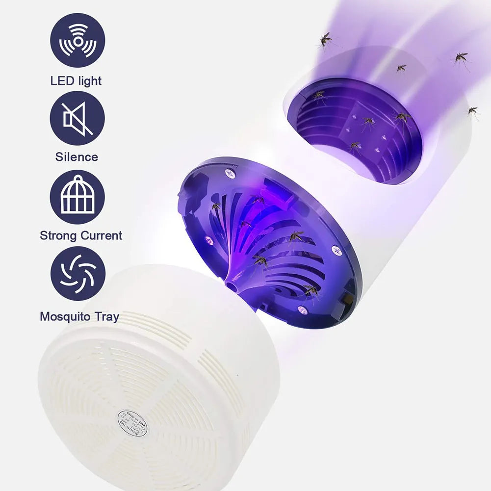 Mosquito zapper with features listed on a white background