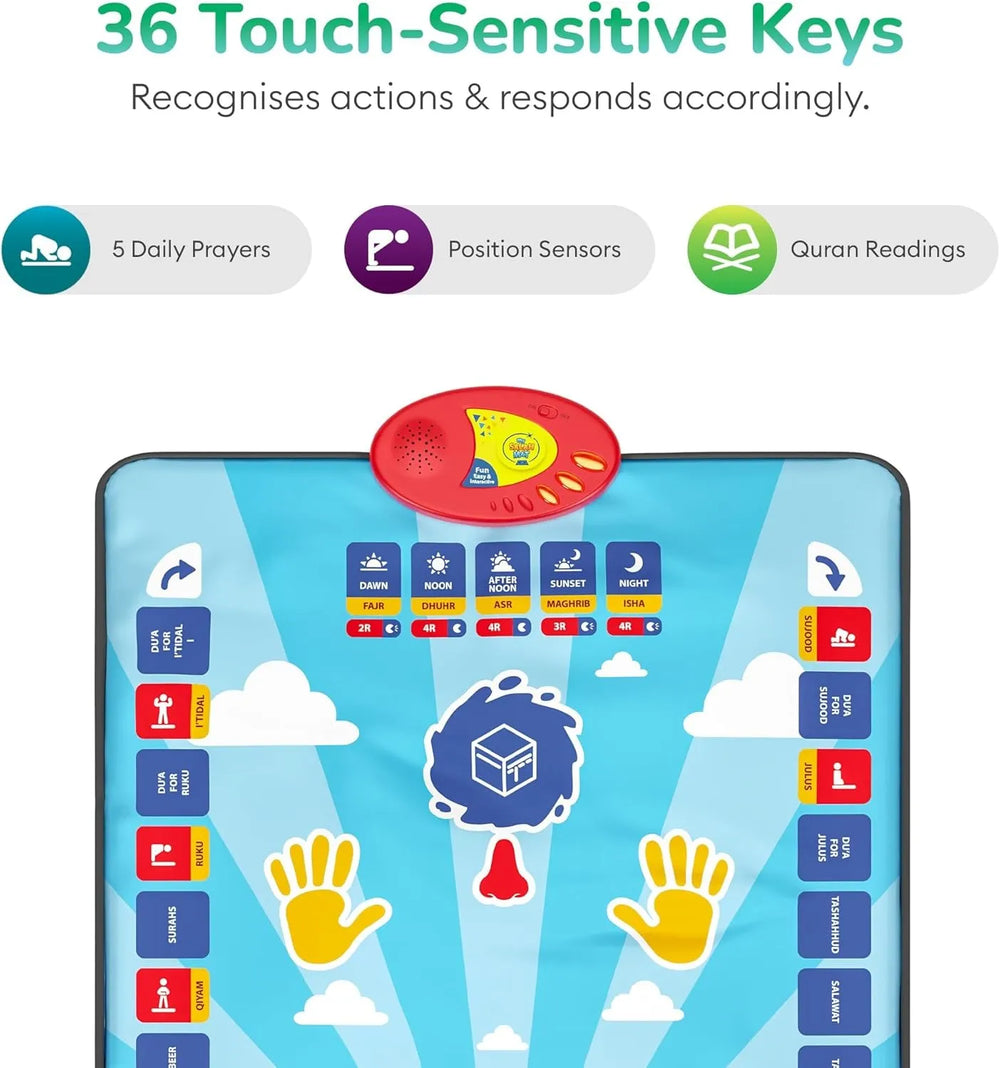 Touch-sensitive keys on a device with icons for daily prayers, position sensors, and Quran readings.