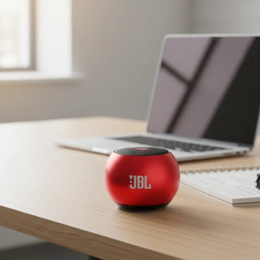 Red JBL speaker on a desk with a laptop in the background