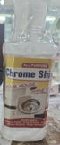 Bottle of chrome shine cleaner on a wooden surface