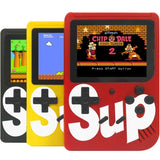 Three handheld gaming consoles with different colored cases and game displays.