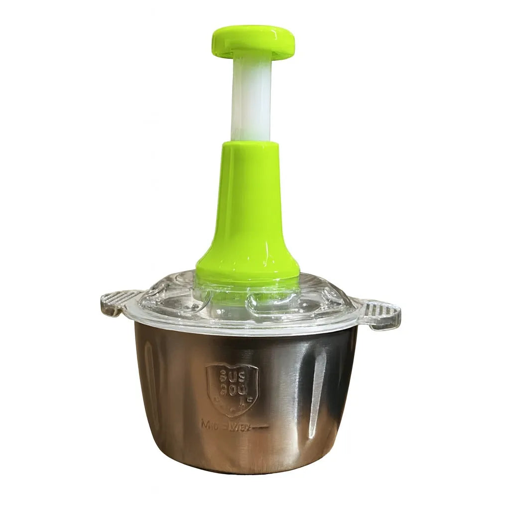 Stainless steel kitchen tool with green handle on a white background