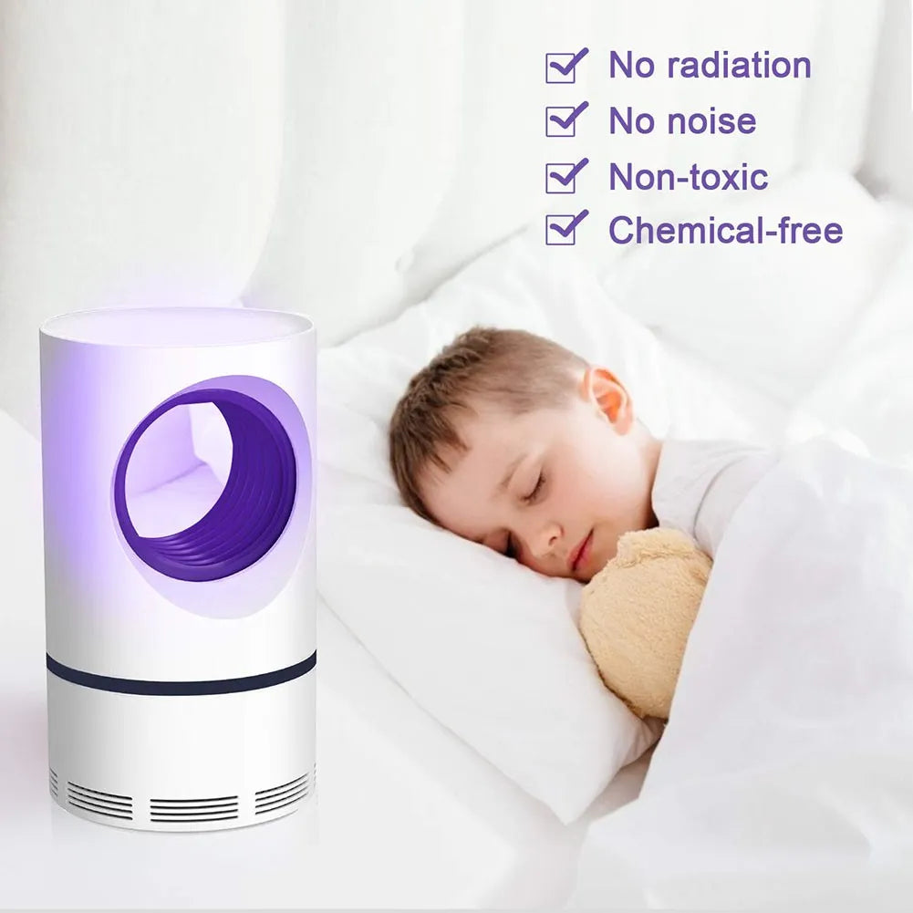Child sleeping with a purple and white air purifier next to them, featuring text about its benefits.