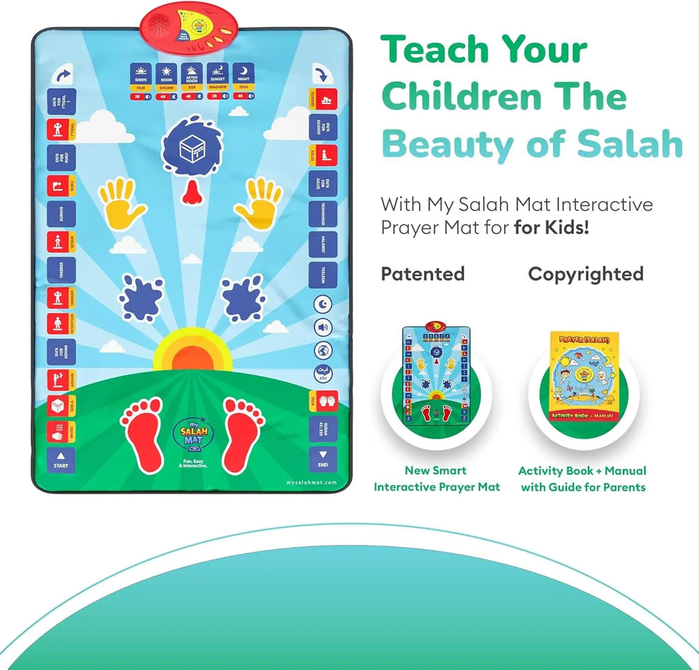 Interactive prayer mat for kids with colorful design and text promoting educational use.