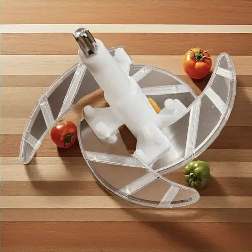 Transparent kitchen tool on a wooden surface with vegetables