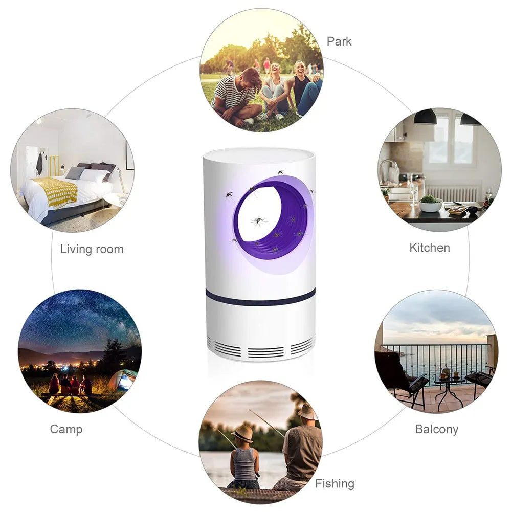 Insect repellent lamp with usage scenarios including park, living room, kitchen, camp, balcony, and fishing.