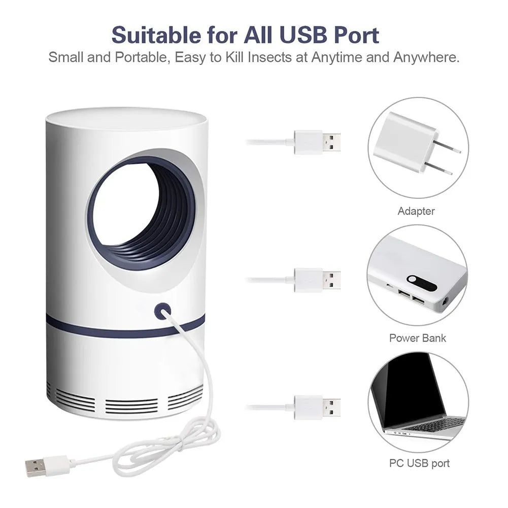 White and blue insect killer with USB connectivity options on a white background