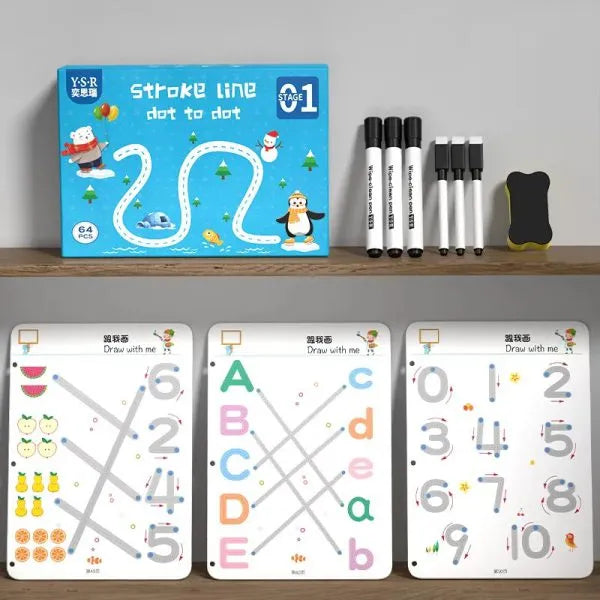 Educational children's toys including a 'Stroke line dot to dot' book and markers on a shelf.