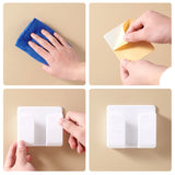 Set of four images showing a blue sponge, yellow sponge, white wallet, and a hand holding a white card on a beige background.