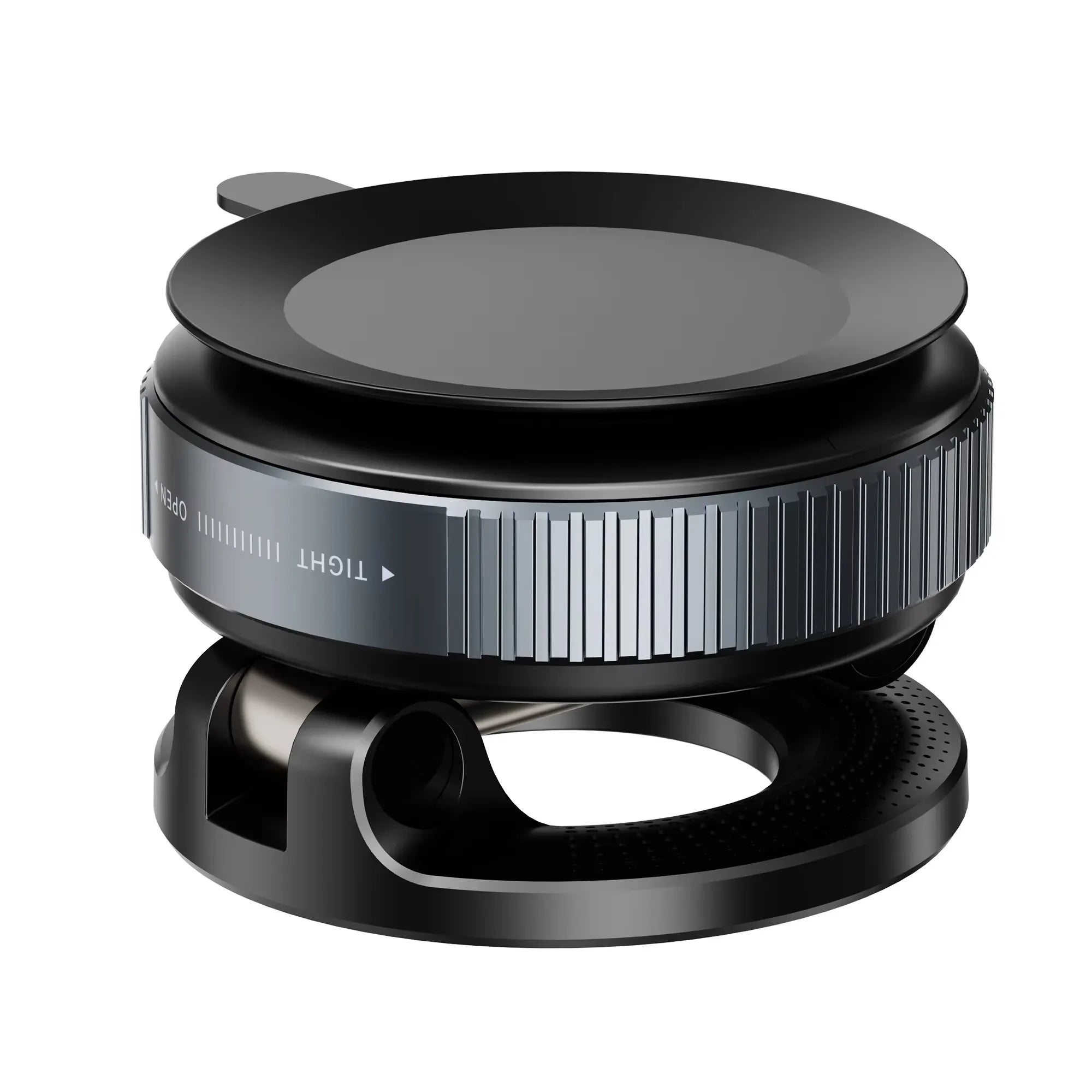 Black and silver camera lens cap with brand logo on a white background