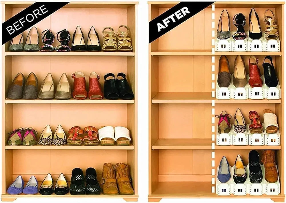 Adjustable double-layer shoe rack for efficient organization of sneakers, sandals, and dress shoes.