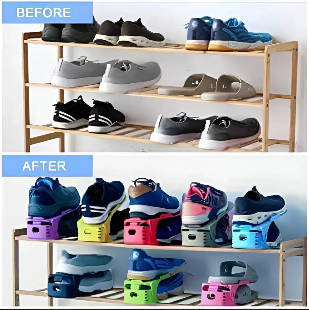Adjustable foldable double-layer shoe rack 2-piece set for organized and space-saving shoe storage.