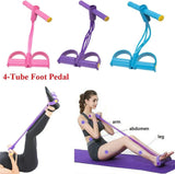 Colorful 4-Tube Foot Pedals with a woman using them for exercise on a white background.