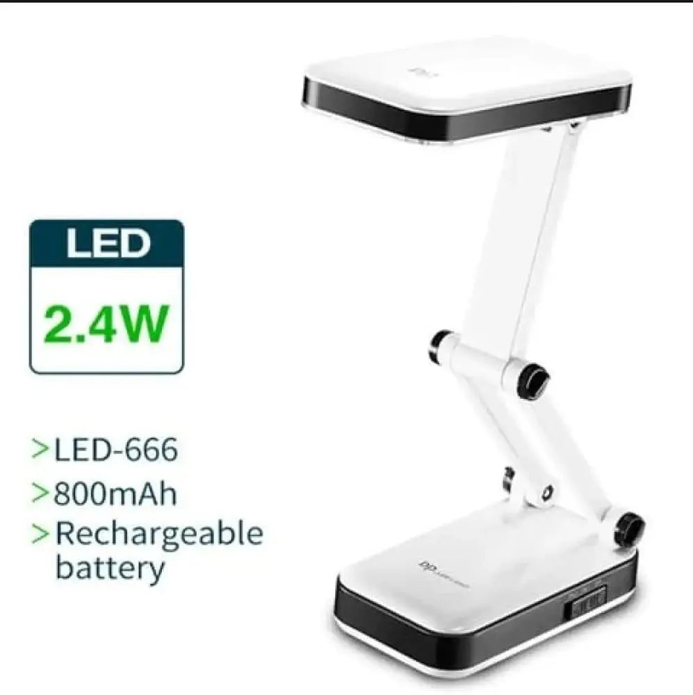 White LED desk lamp with charging details on a white background
