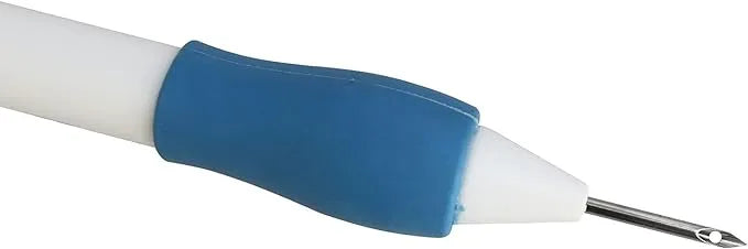 White pen with blue grip and needle-like tip on a white background