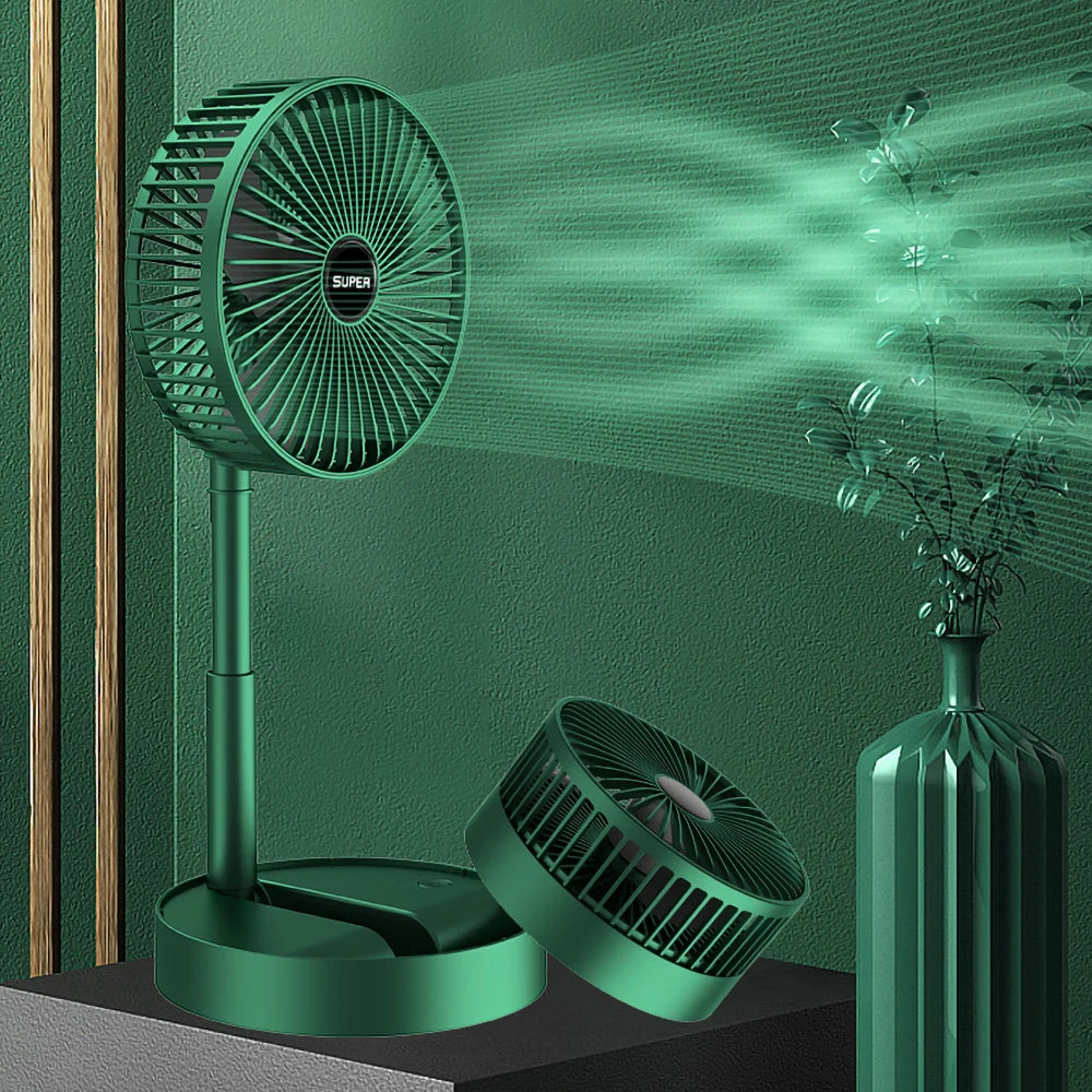 Adjustable rechargeable desk fan with a foldable design for convenient personal cooling.